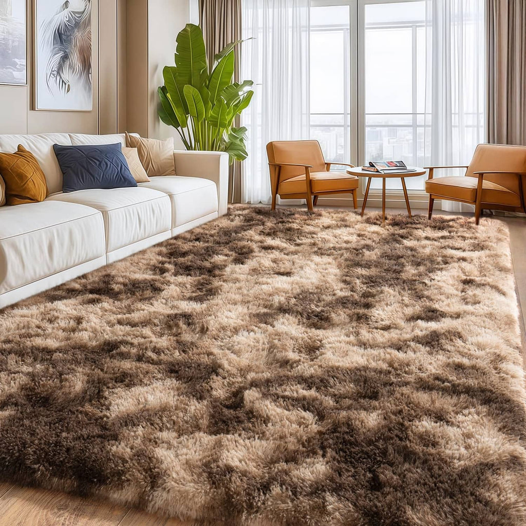 Rectangular shag area rug with tie-dyed pattern, dark brown and beige plush pile, 6x9