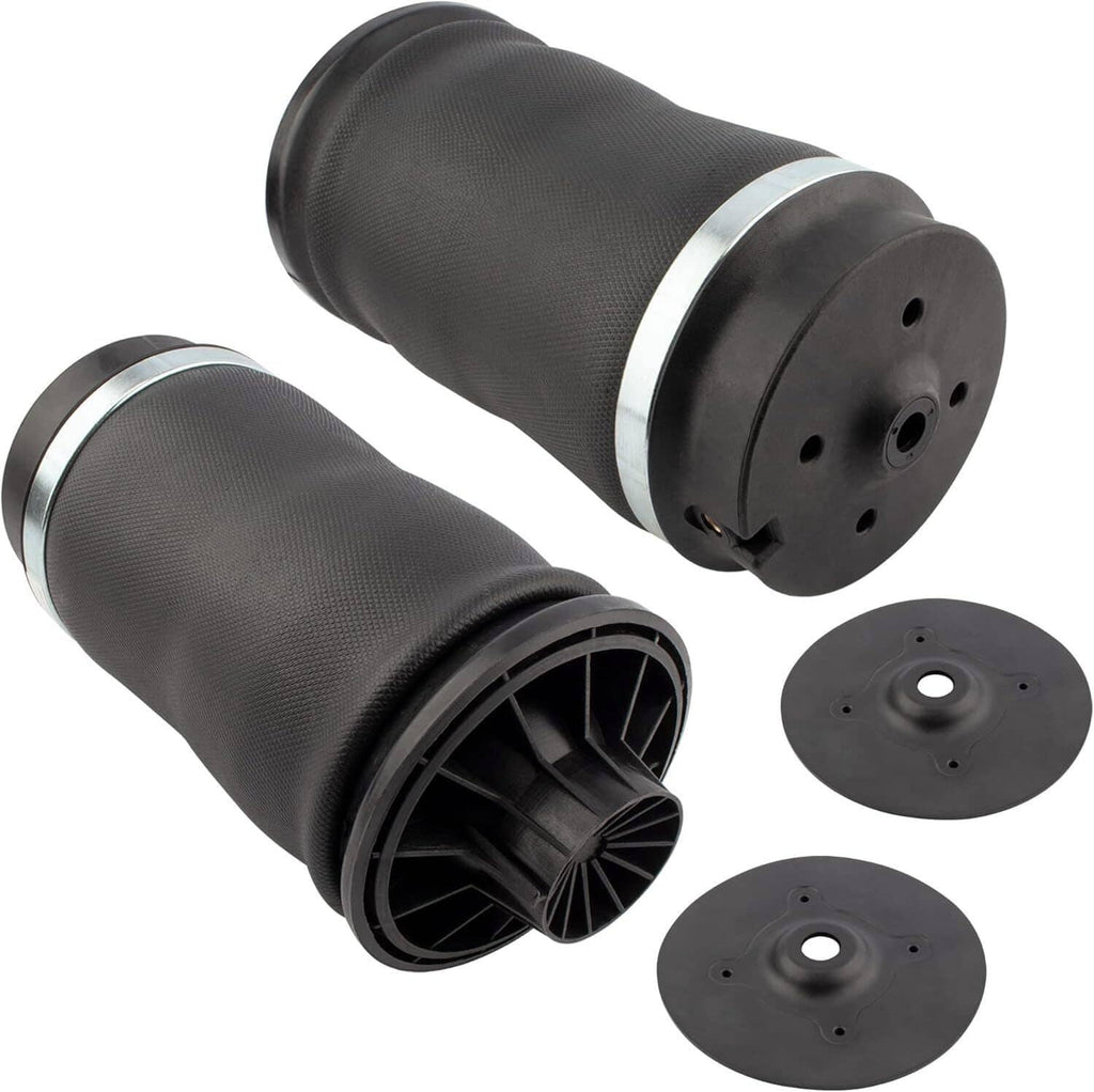 Two rear air suspension spring bags and two base plates, black textured rubber.