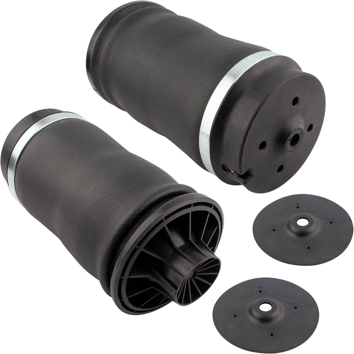 Two rear air suspension spring bags and two base plates, black textured rubber.