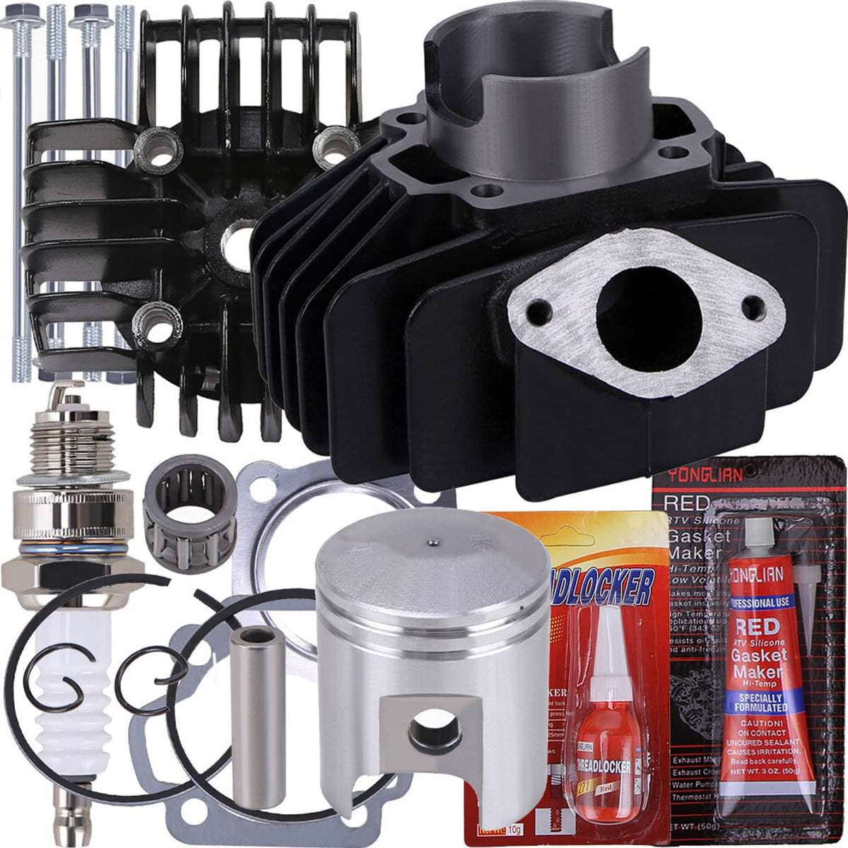 Motorcycle cylinder piston top end kit showing cylinder head and piston with gaskets