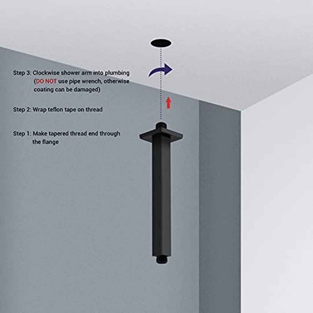 Matte black shower arm with square ceiling flange and threaded end for installation