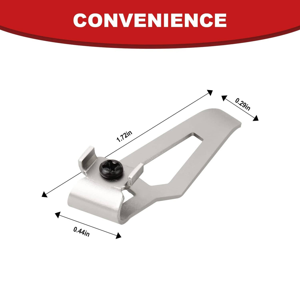Grey metal belt clip with U-shaped bracket and black mounting screw