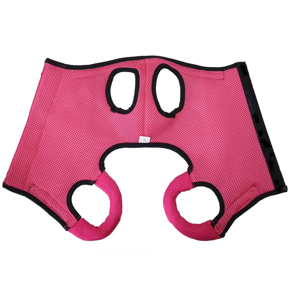 Pink mesh-panel dog lift harness with paw openings and black trim
