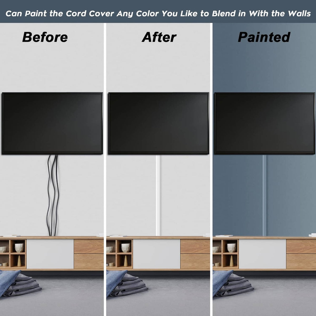 Paintable white cord cover over cables, shown before and after installation