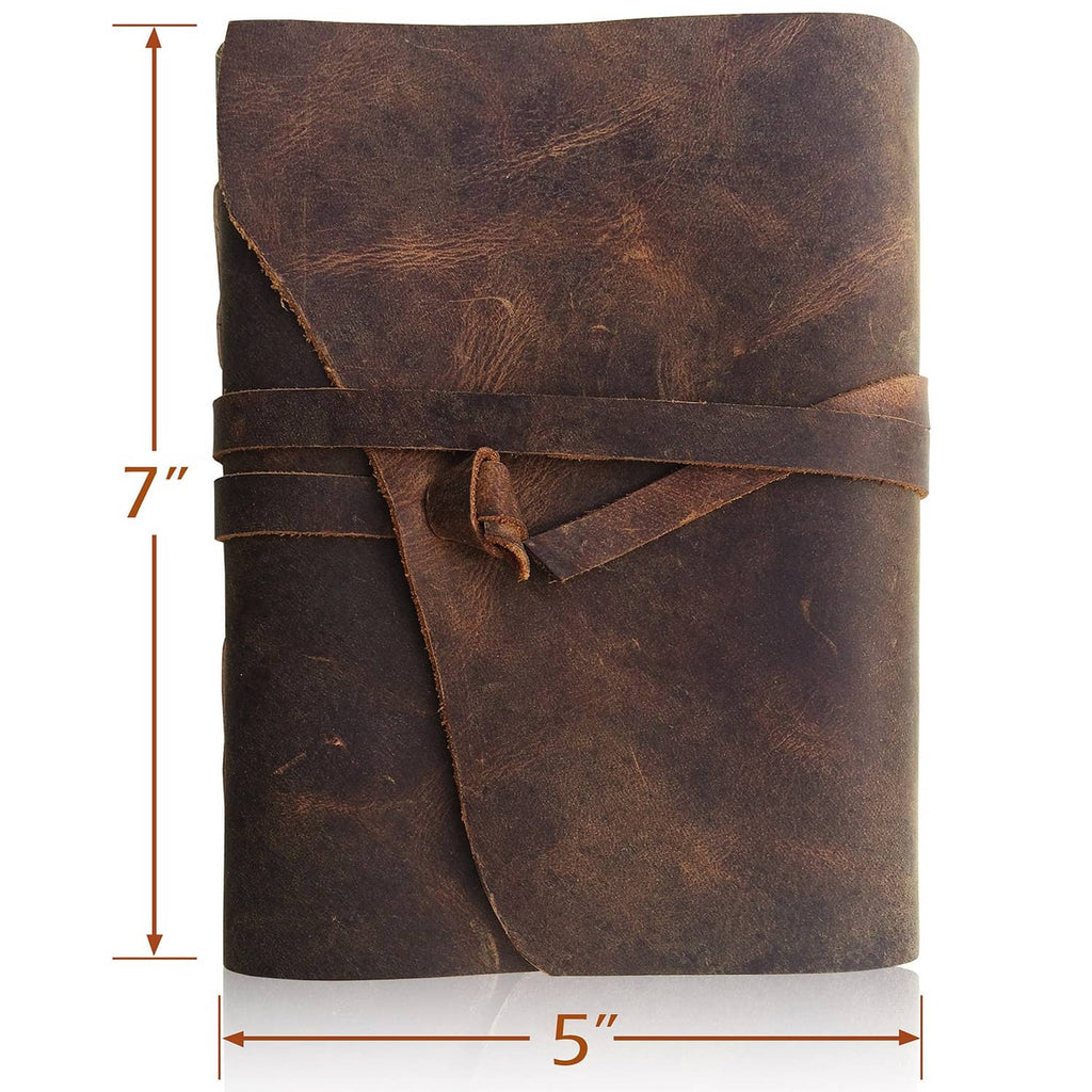 Brown leather journal notebook with wrap strap and stitched cover, front view.