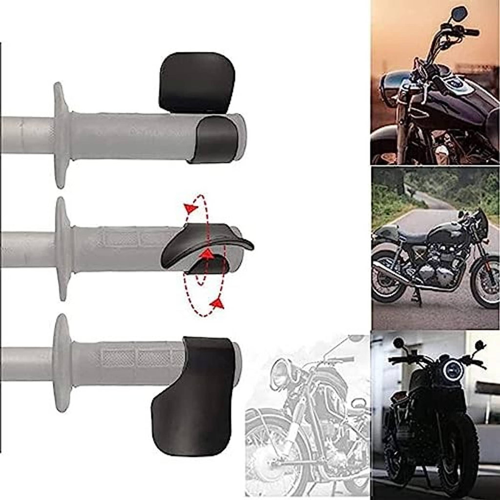 Black throttle assist covers attached to motorcycle grips, multiple mounting angles