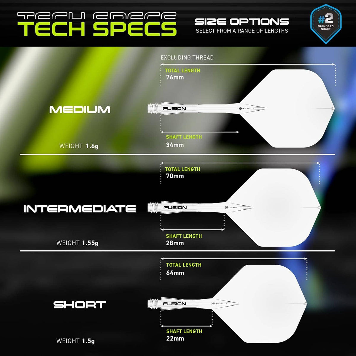 Dart size options chart showing medium, intermediate, and short shaft lengths