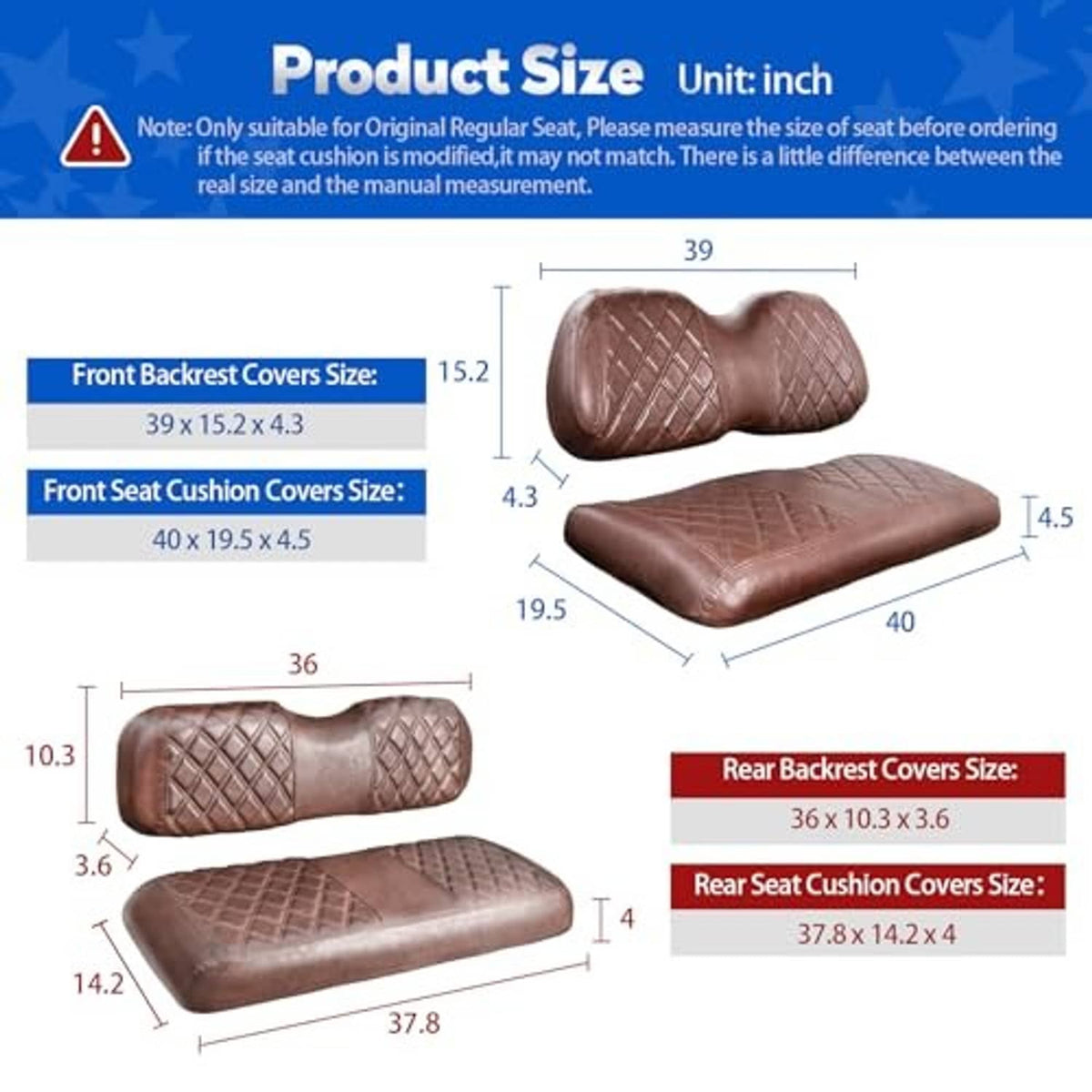 Brown quilted front and rear seat covers with cup-hole openings; size diagram
