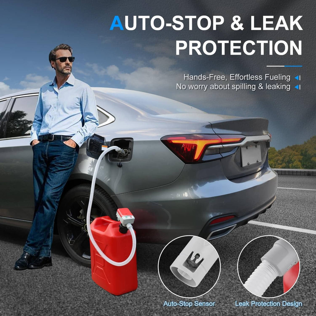 Red fuel transfer jerry can with blue pump head and white suction hose with sensor