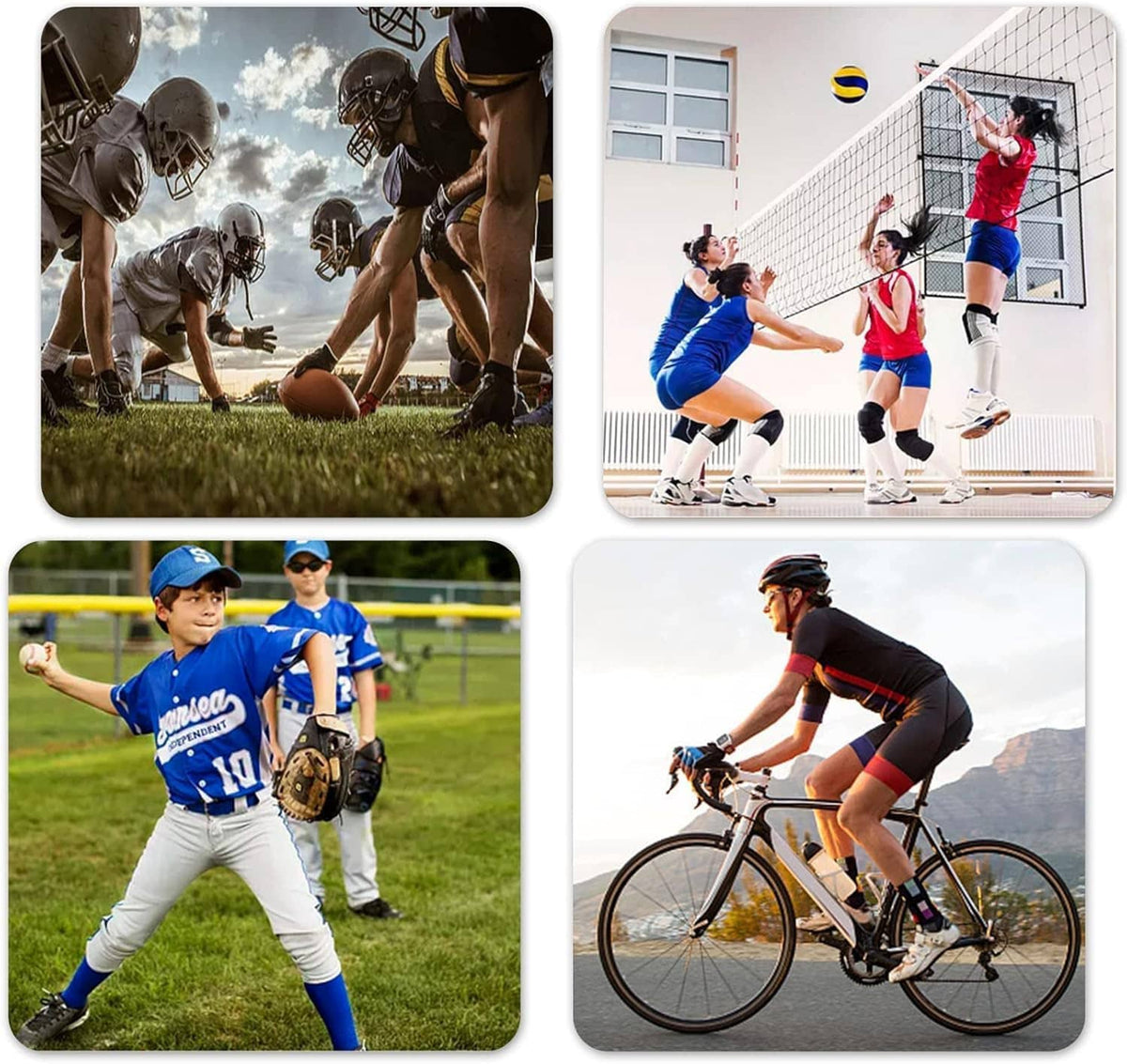 Sports collage showing athletes on field, court, and bike, featuring foam pre-wrap use