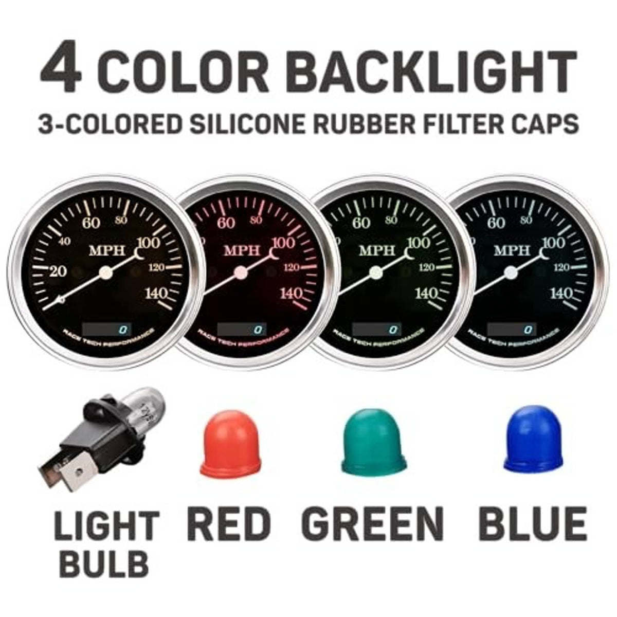 Four round black gauges with chrome bezels and illuminated backlight bulb colors