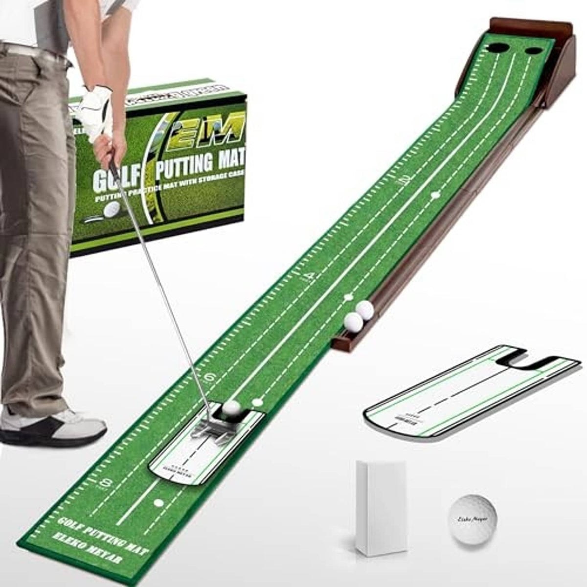 Indoor putting green golf mat with balls, guide lines, and practice target holes