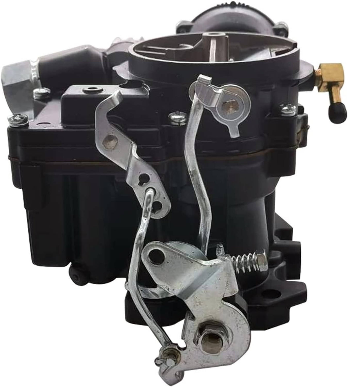 Black marine choke carburetor with silver linkage and round air intake housing