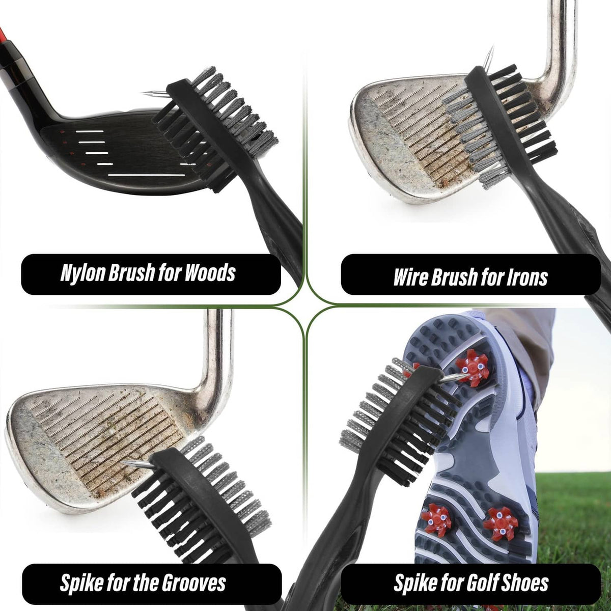 Golf brush heads for woods, irons, grooves, and shoe spikes with nylon and wire bristles