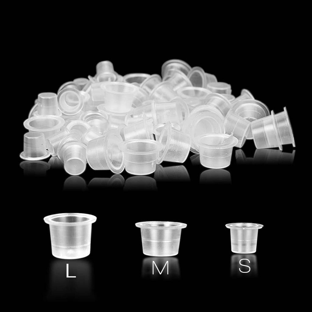 Clear plastic tattoo ink caps, multiple size L M S shown, small open cups