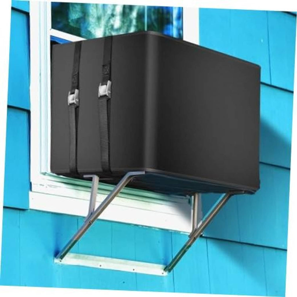 Black insulated outdoor window AC cover with two front straps