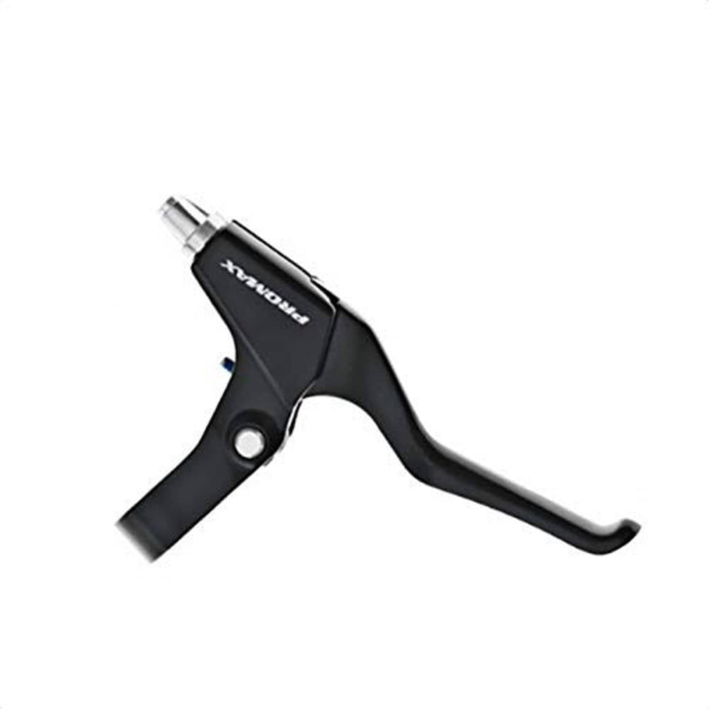 Black adjustable brake lever with silver threaded mounting barrel and curved handle