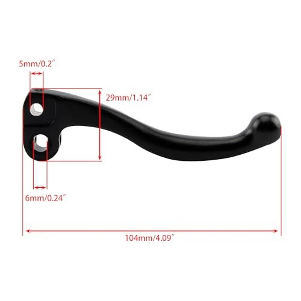 Black brake lever showing mounting holes and curved handle, with size diagram