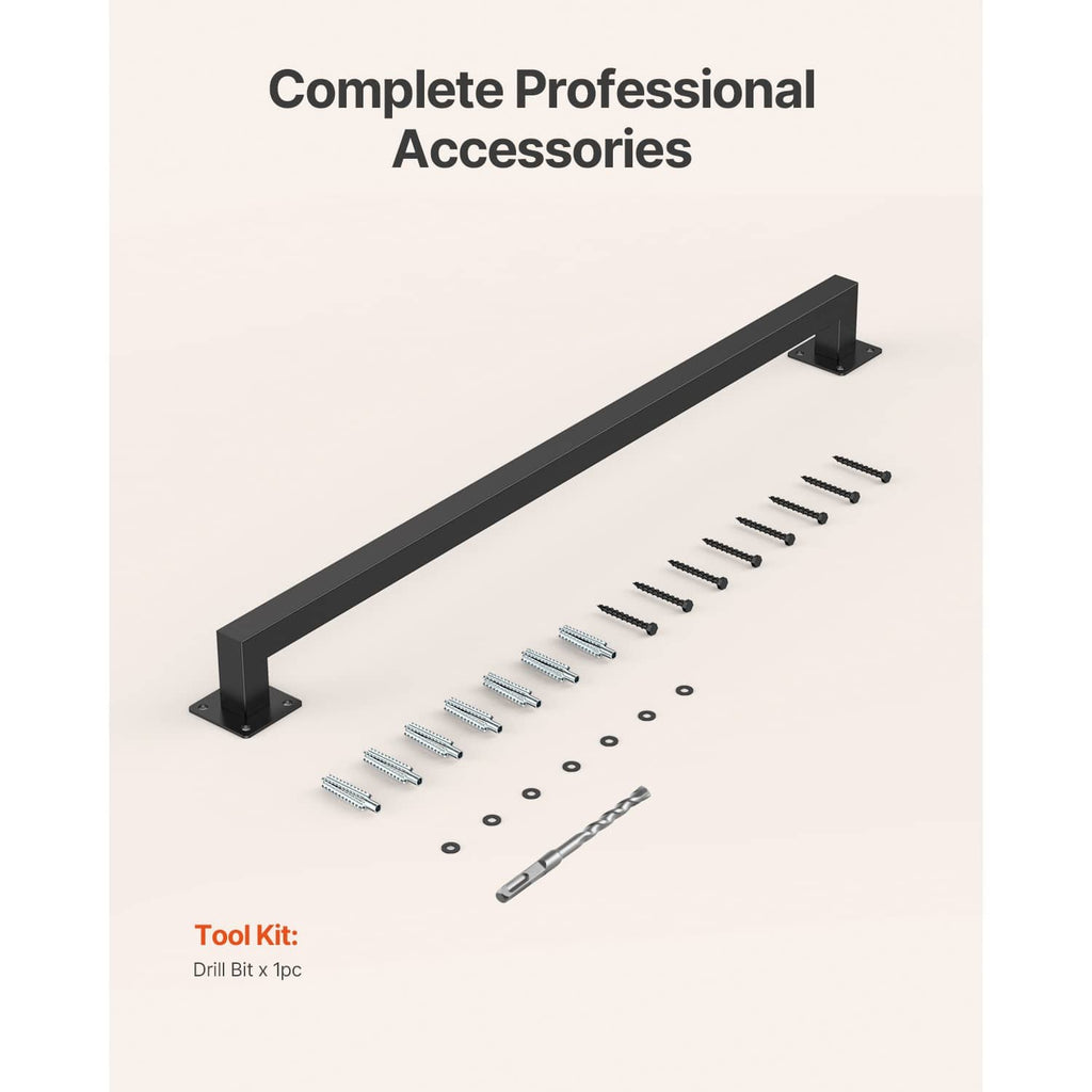 Black wall-mounted stair handrail with square tube and included installation hardware