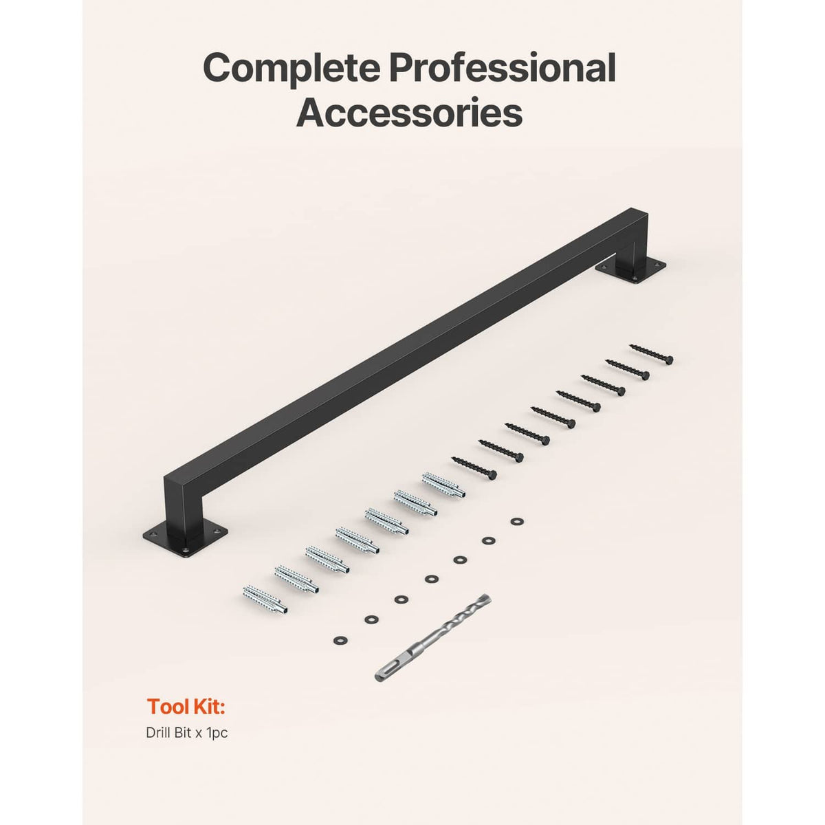 Black wall-mounted stair handrail with square tube and included installation hardware