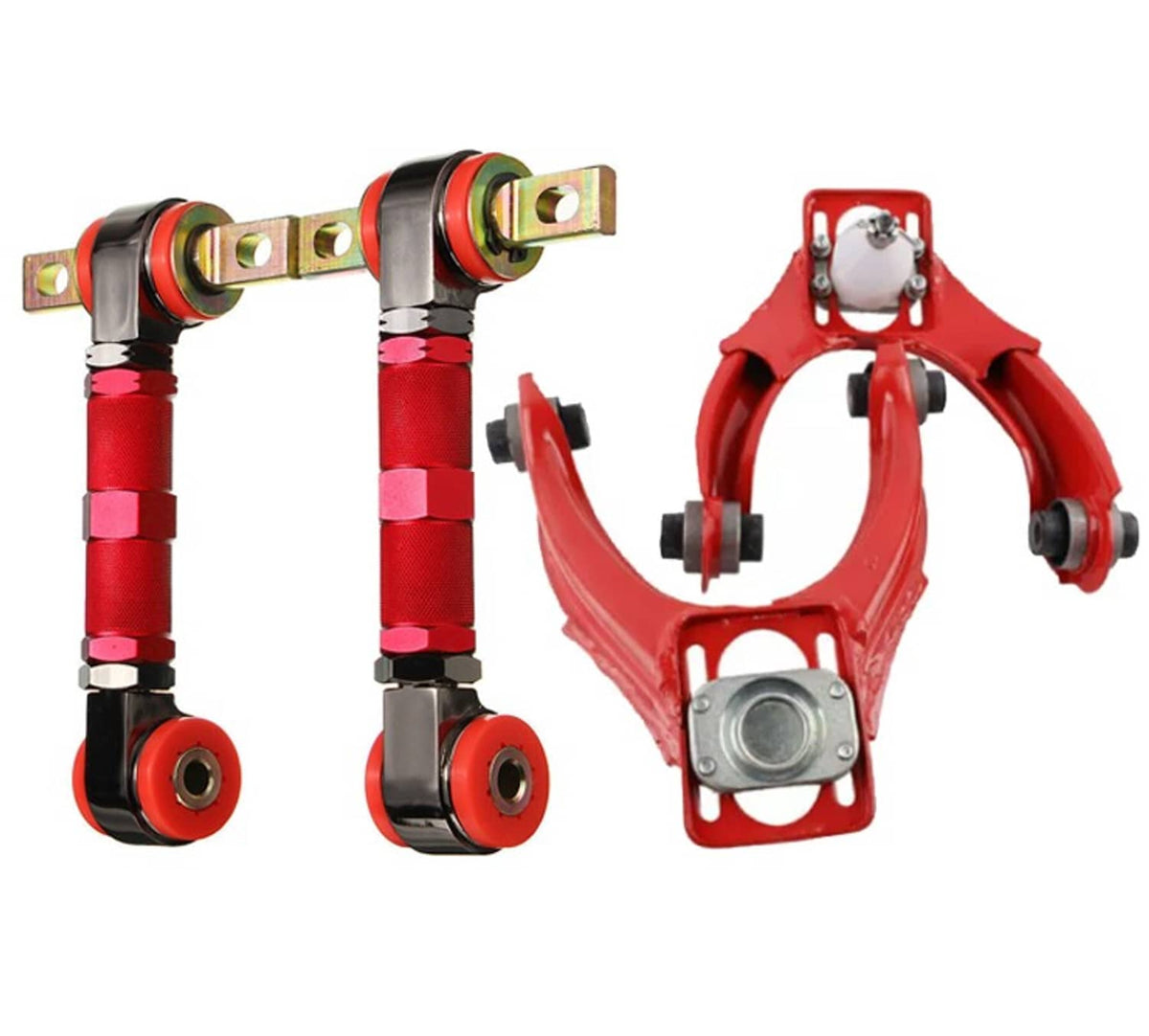 Red and black adjustable front upper control arms with ball joints and mounting hardware