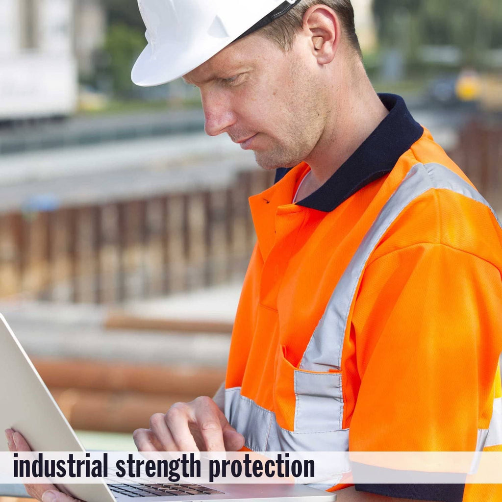 Worker in orange safety jacket holding near ear, promoting industrial ear protection