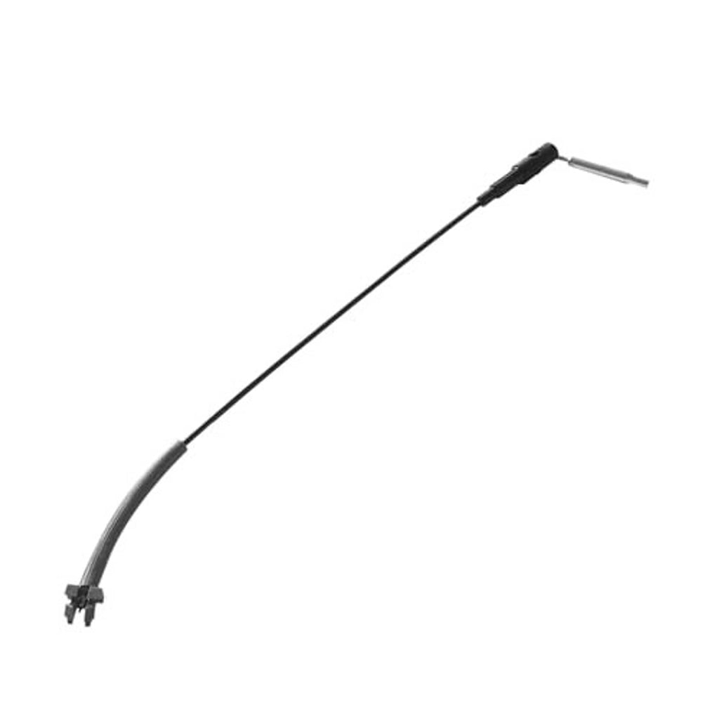 Front seat release cable with black housing and curved gray guide section, metal tip.