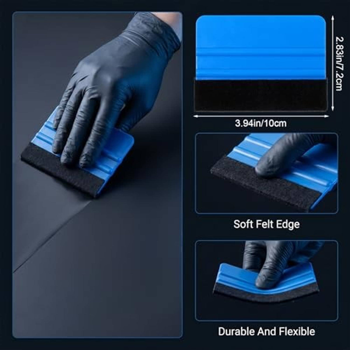 Blue felt squeegee with soft edge shown in hand; black non-slip base