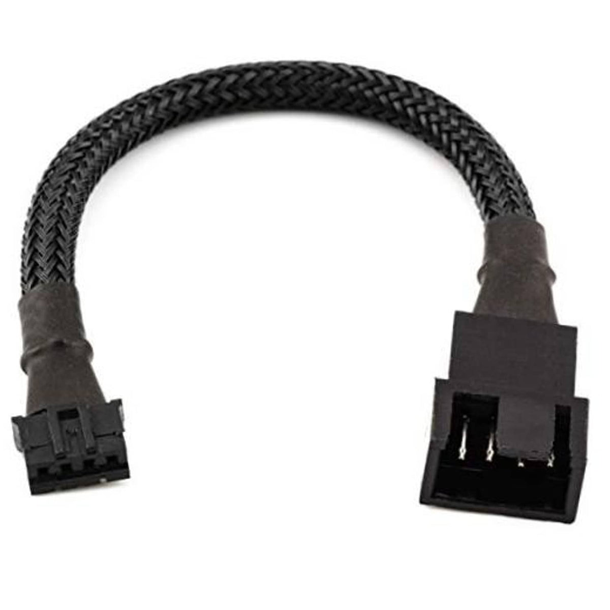 Black braided 4-pin GPU fan adapter cable with micro connector ends, 6-inch length