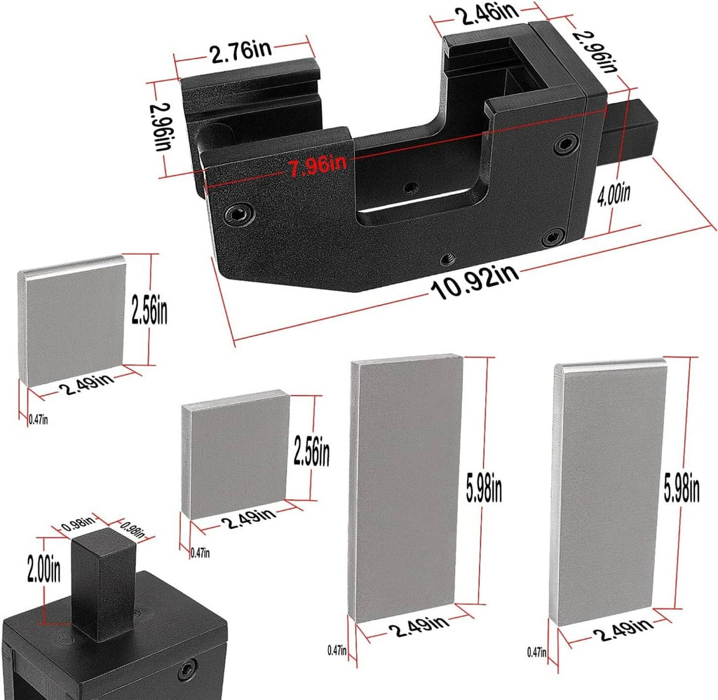 Guillotine forging tool size diagram with flat die insert and overall dimensions