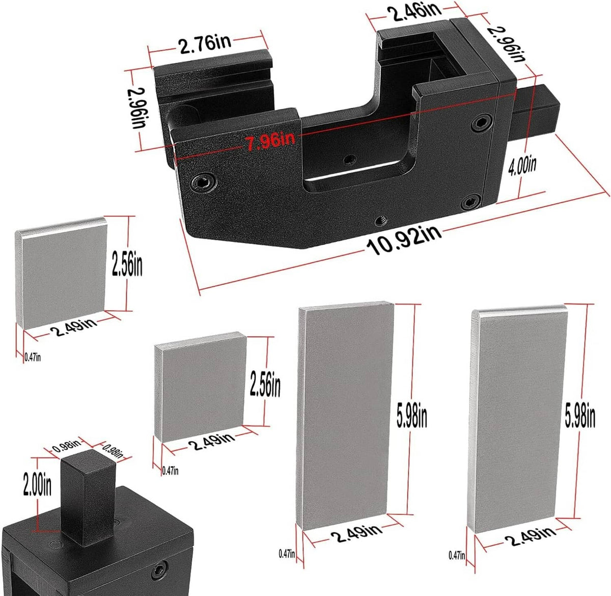 Guillotine forging tool size diagram with flat die insert and overall dimensions