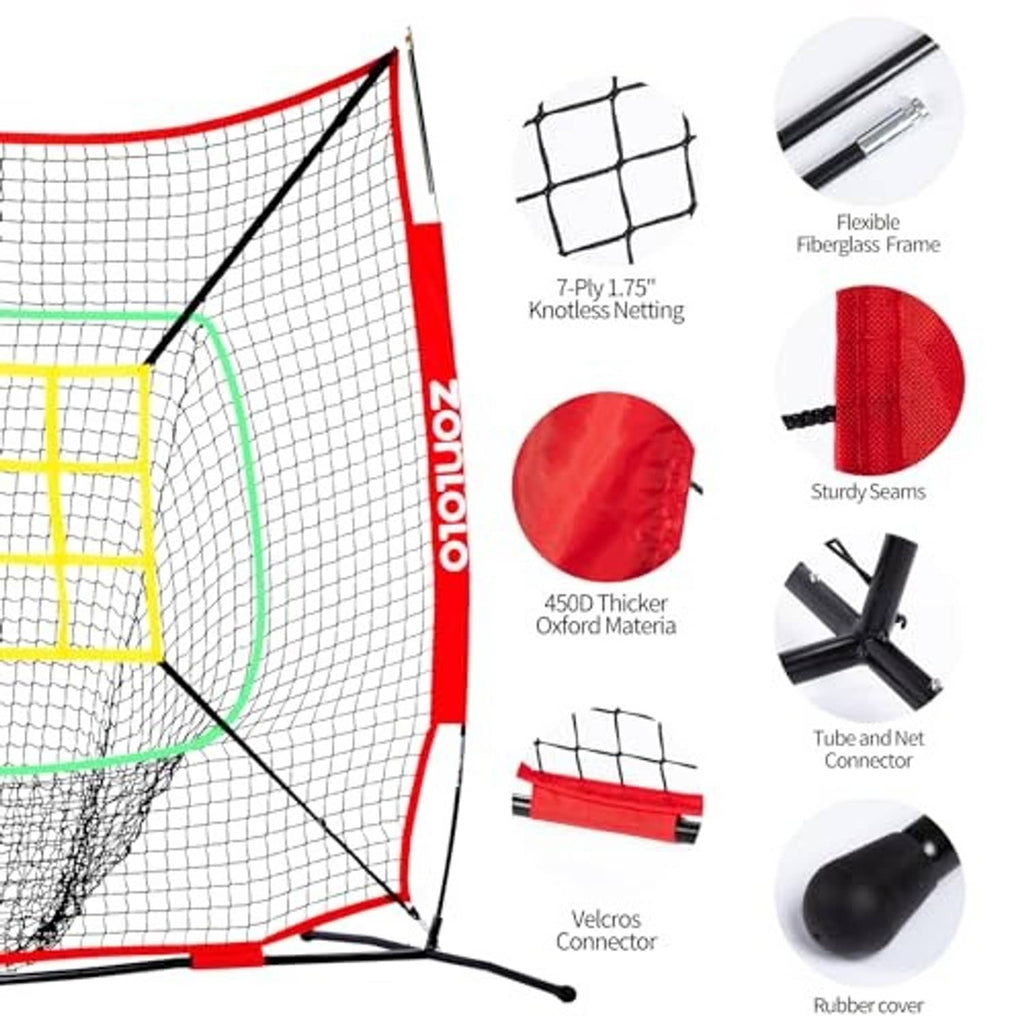 Red-and-white hitting net with flexible fiberglass frame, net connectors, and reinforced seams