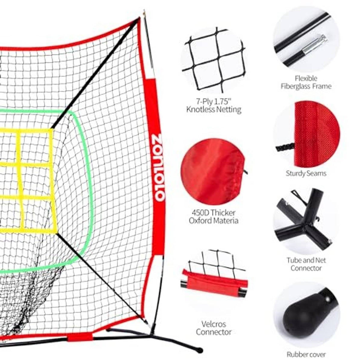 Red-and-white hitting net with flexible fiberglass frame, net connectors, and reinforced seams