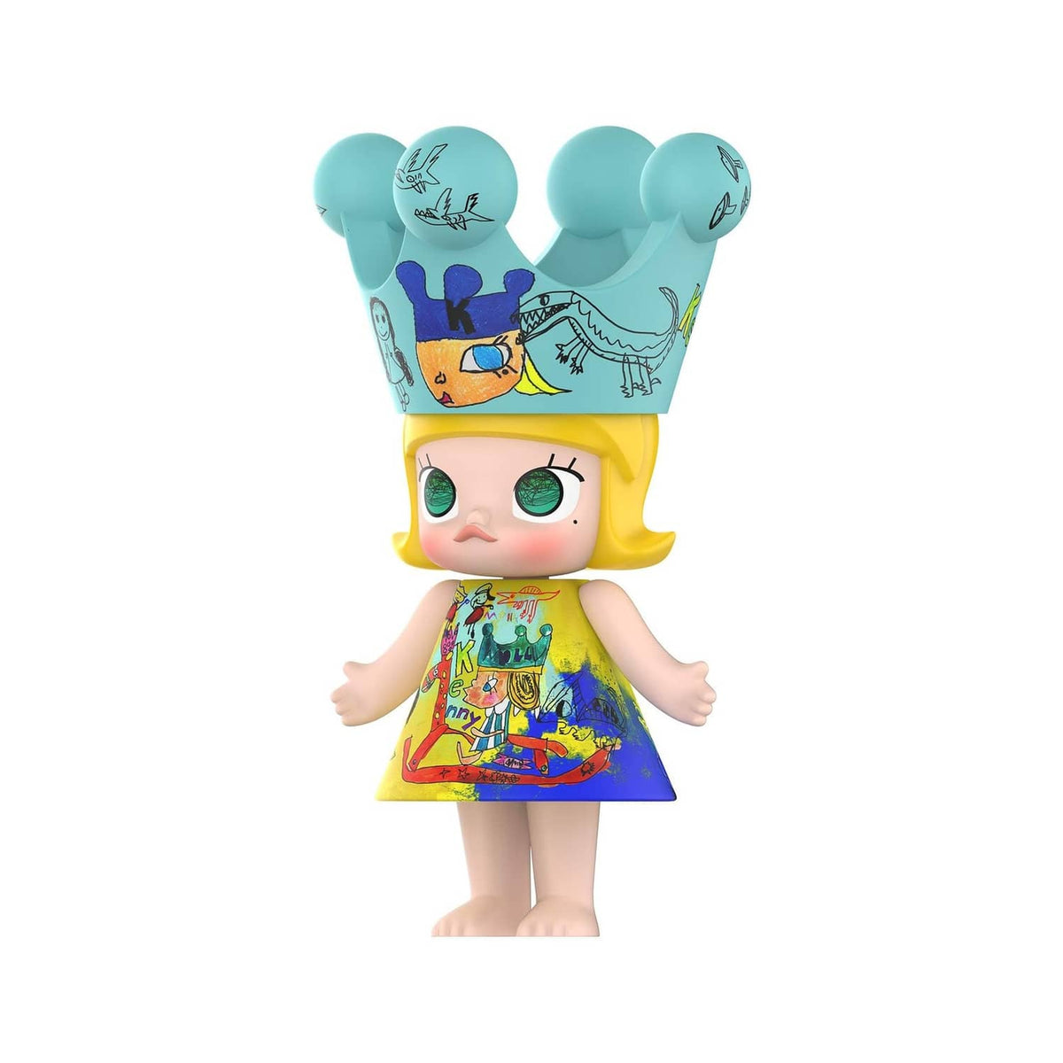 Royal Molly collectible doll in side view, teal crown and yellow hair with graphic dress