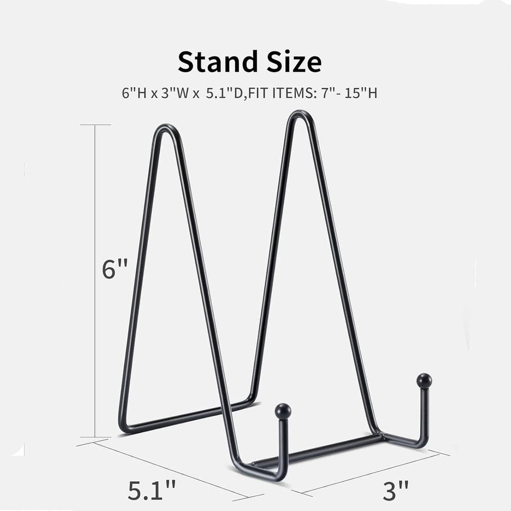 Black metal plate stand with open V frame and 6-inch height, 3-inch base depth