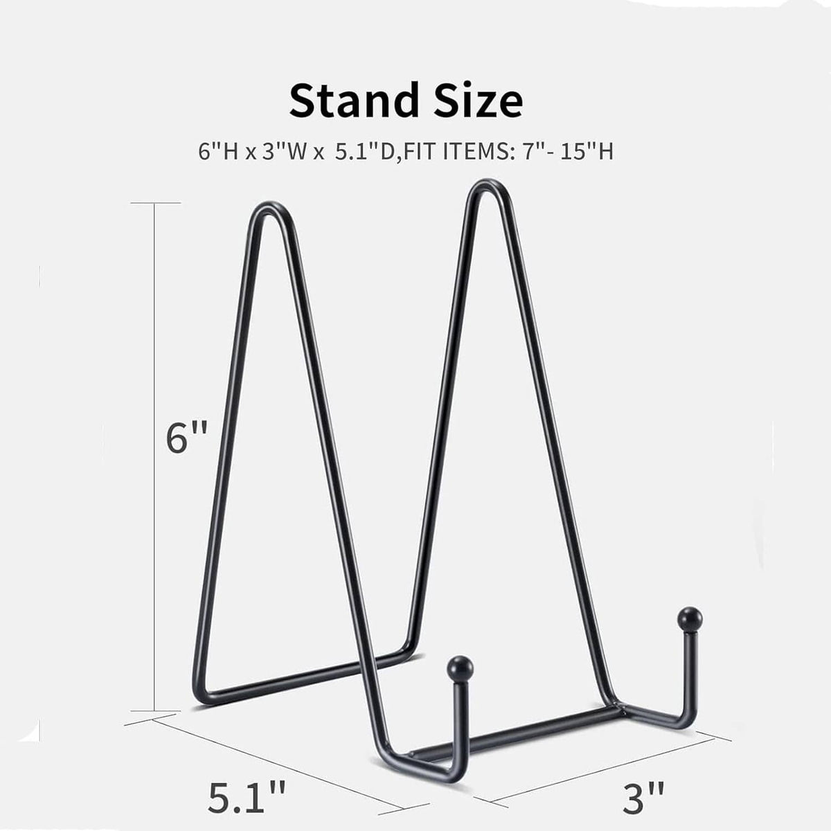 Black metal plate stand with open V frame and 6-inch height, 3-inch base depth