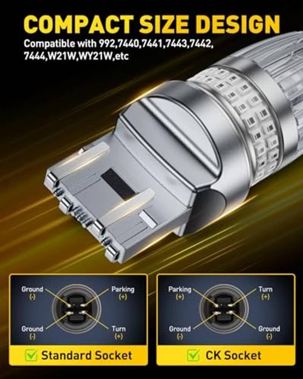 Compact LED brake light bulb with base pins and ribbed clear lens