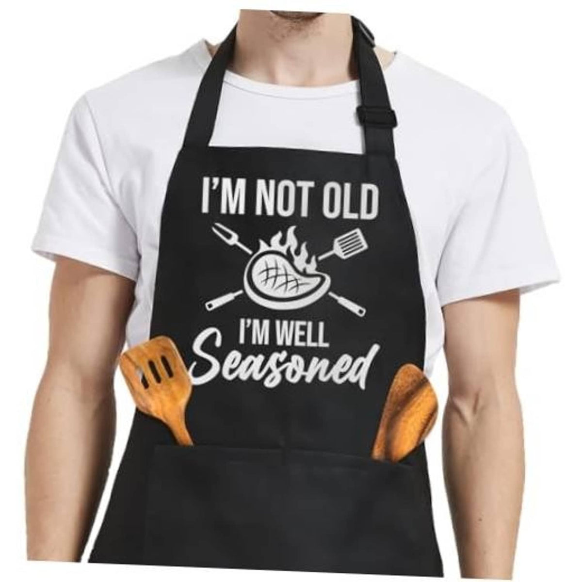 Black apron front with neck strap and 'I'm not old, I'm well seasoned' lettering