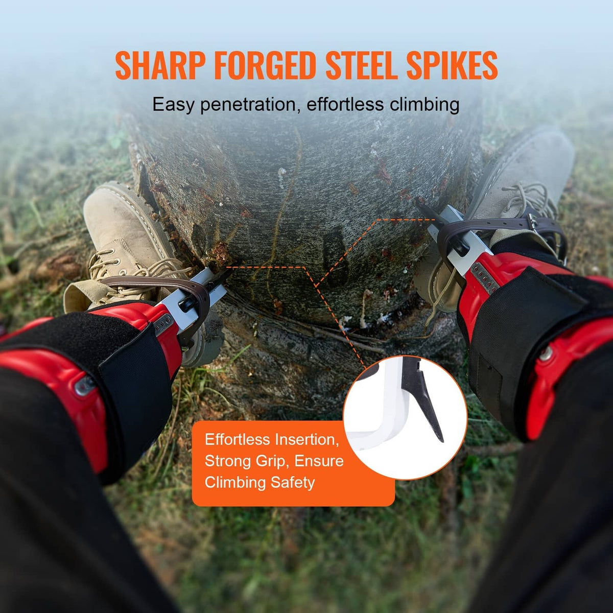 Tree climbing spikes set close-up with red frame, black pads, and pointed steel spikes