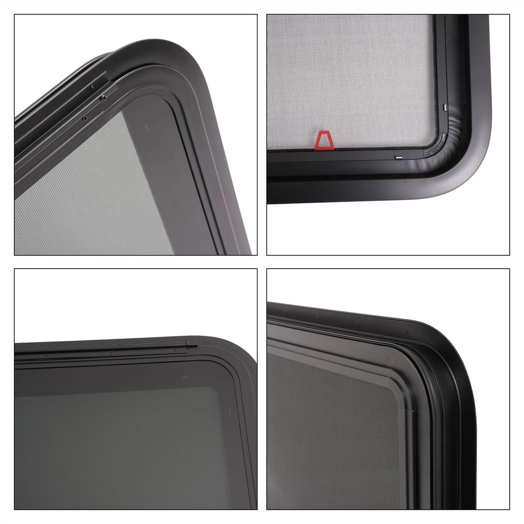 Black RV exit window frame with tinted glass and corner seals