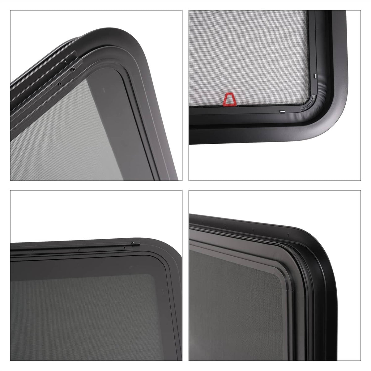 Black RV exit window frame with tinted glass and corner seals