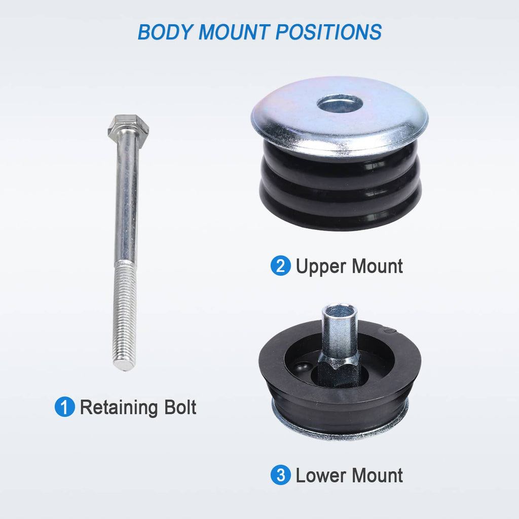 Body cab mount components: upper mount, lower mount, and retaining bolt with washer