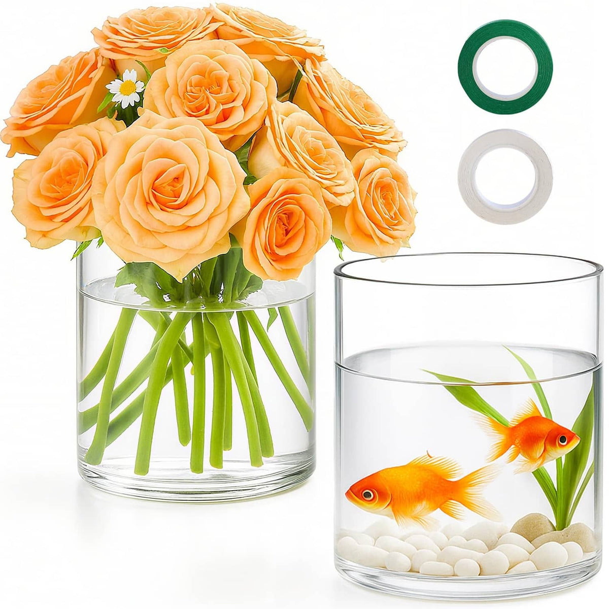 Clear glass cylinder vase set with green floral stems and fish decoration inside