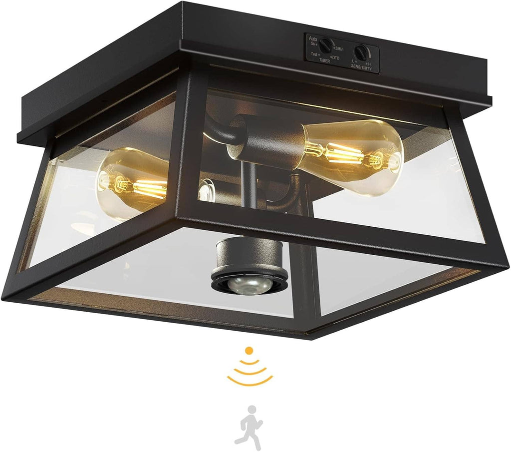 Black flush mount outdoor ceiling light with motion sensor indicator and two amber bulbs