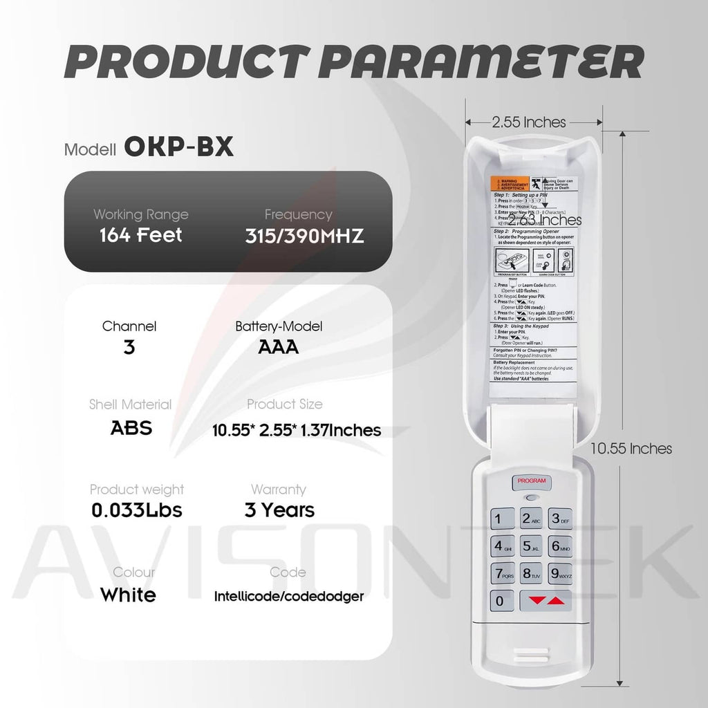 White garage door keypad with dimensions shown and built-in number pad