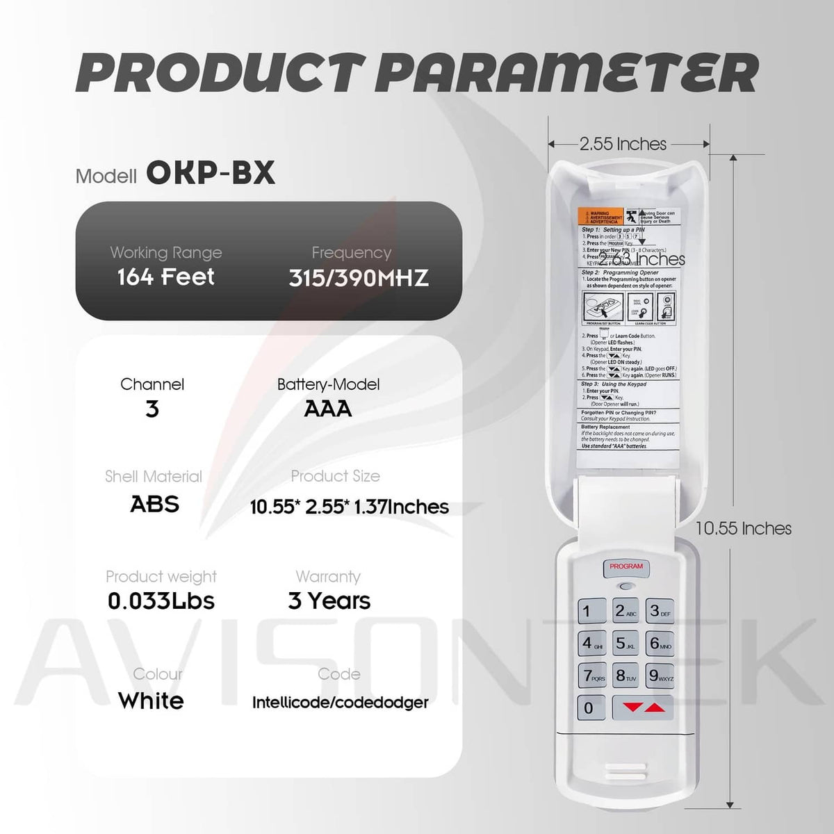 White garage door keypad with dimensions shown and built-in number pad