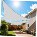 Light grey triangular sun shade sail with curved edge, stretched between posts