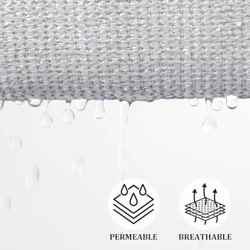 White permeable shade sail fabric close-up with small water droplets