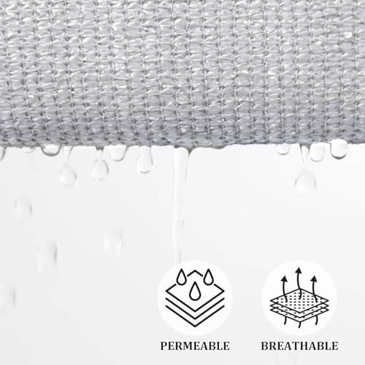 White permeable shade sail fabric close-up with small water droplets