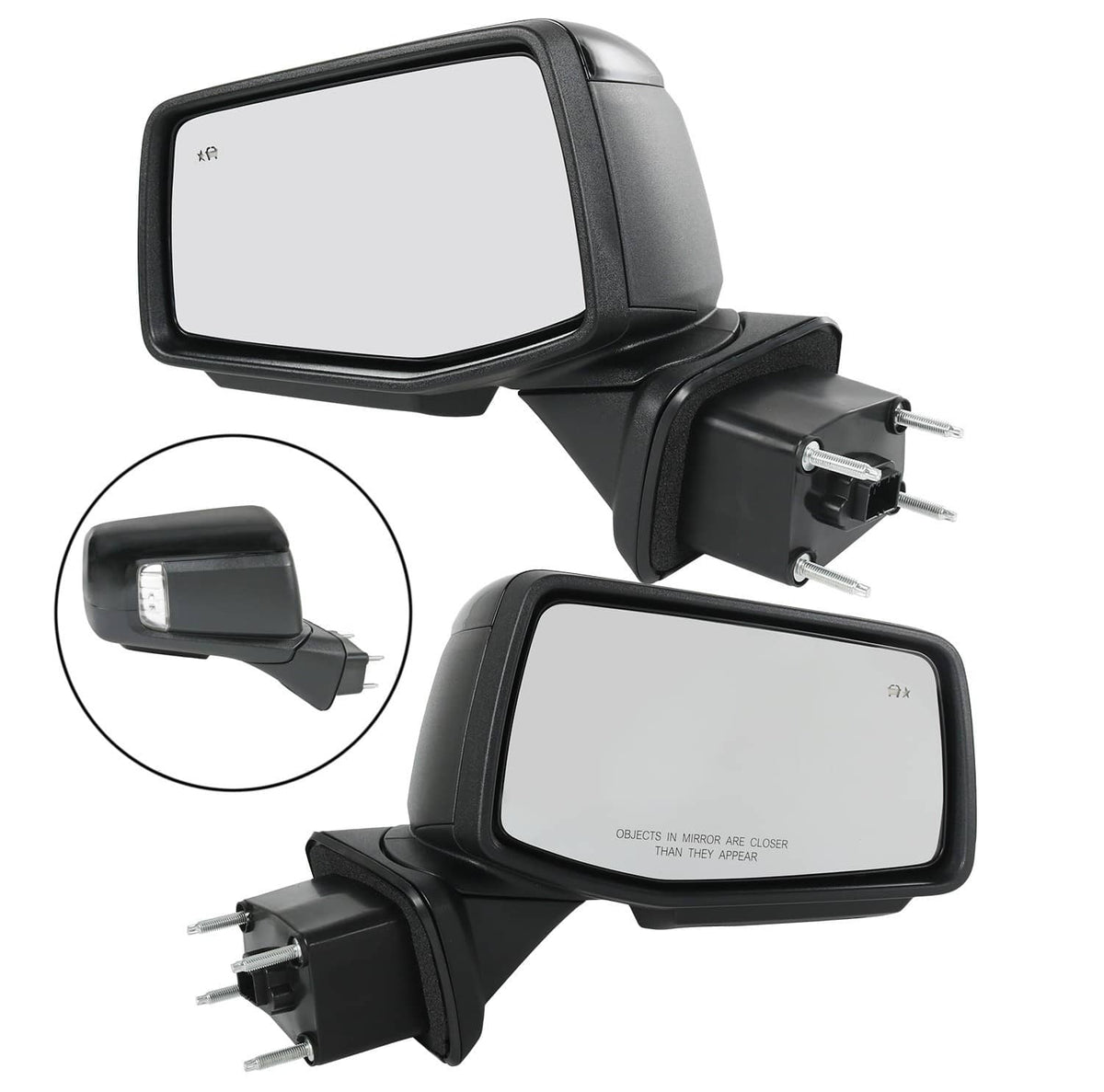 Black side mirror set with clear glass and power-style plug mount, pair view
